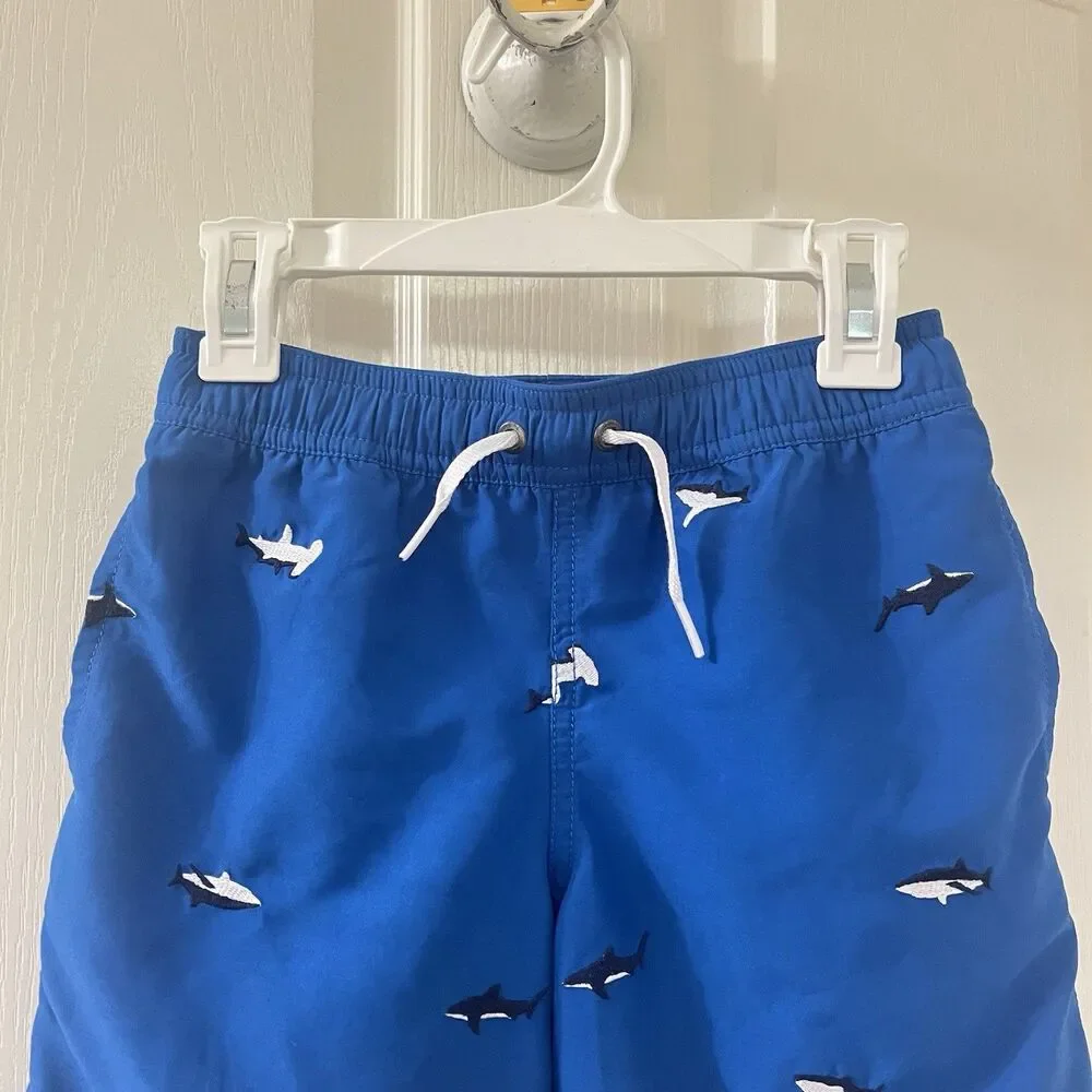 Hanna Andersson Blue Embroidered Sharks Swim Trunks Shorts Boys Size 120 US 6-7